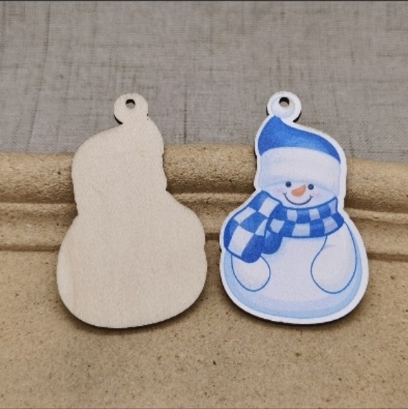 Wood Dangle Drop Christmas Winter Frosty the Snowman Earrings with Blue Accents - Picture 3 of 12